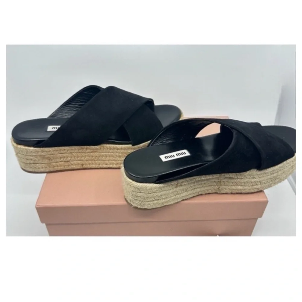 MIU MIU Suede Espadrille Platform Slip on Slides Sandals Black size 8 NEW